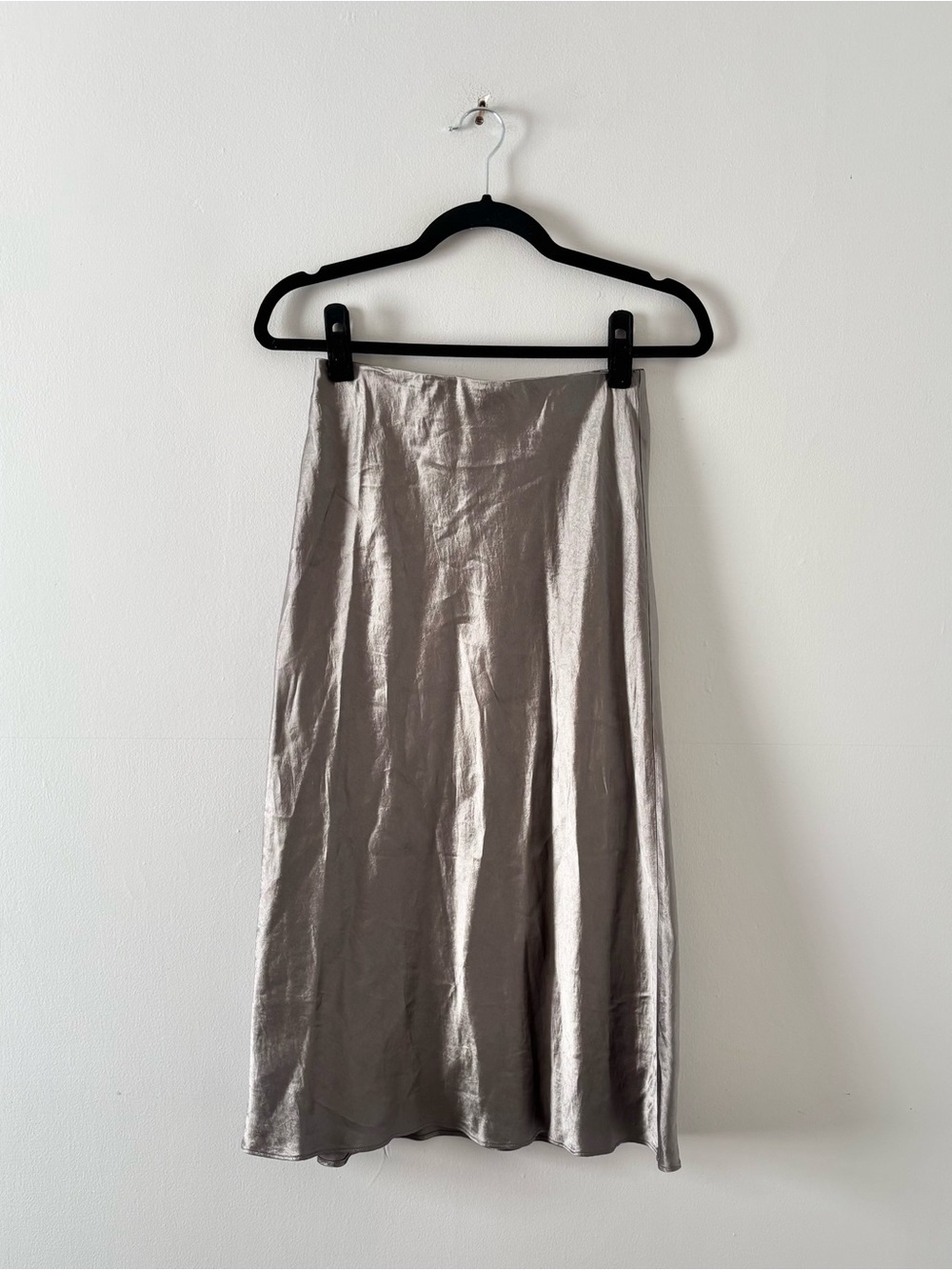 Babaton Slip Satin Midi Skirt Elastic Waist Bias Cut High Sheen Grey Aritzia